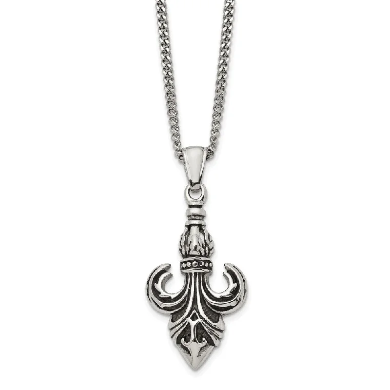 Tesselated chain necklace-Men's Stainless Steel Antiqued Fleur de lis Necklace, 22 Inch