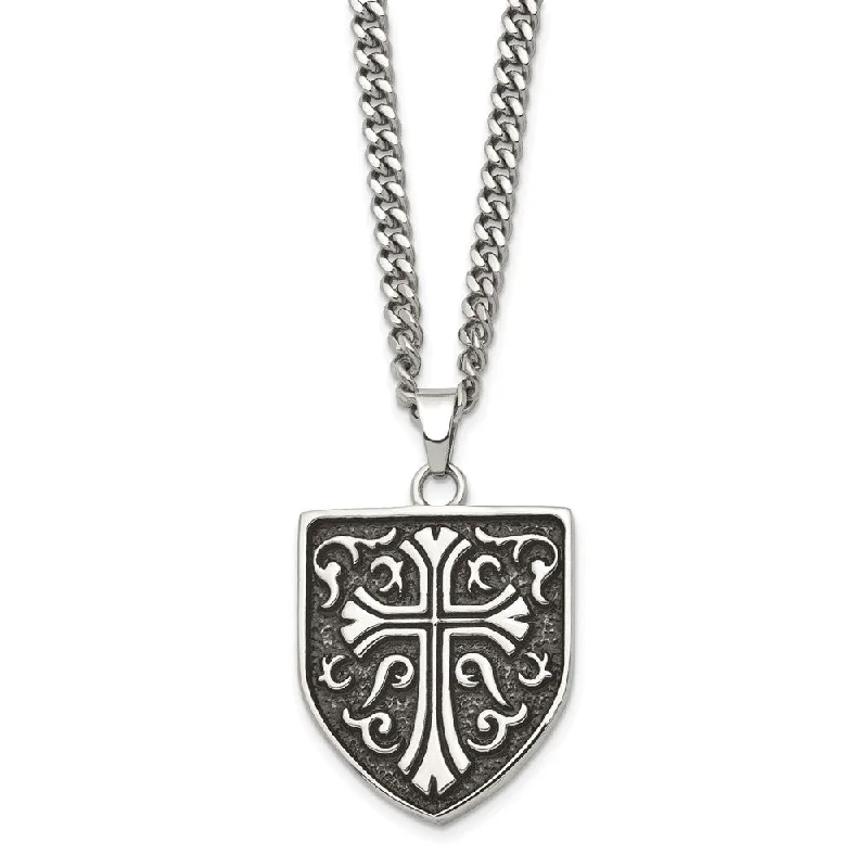 Classic ruby necklace-Men's Stainless Steel Antiqued Medieval Cross Shield Necklace, 24 Inch