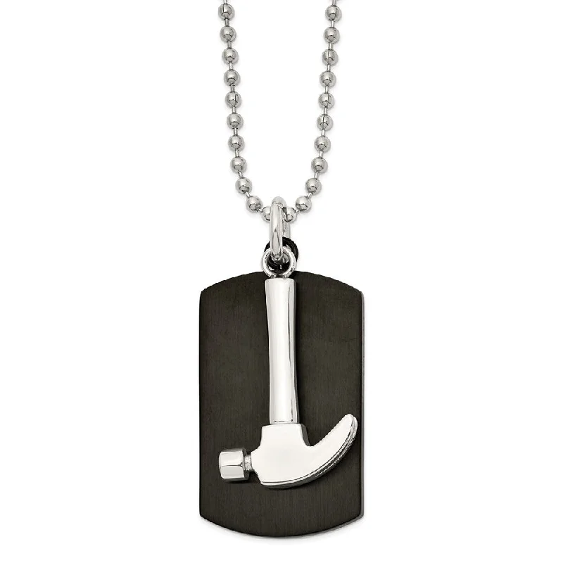 Glowing ruby necklace-Mens Stainless Steel & Black Plated Hammer & Dog Tag Necklace, 24 Inch