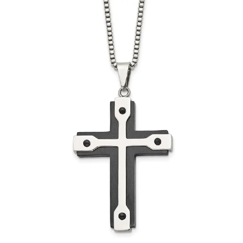 Floating diamond necklace-Men's Stainless Steel & Black Plated Large Cross Necklace, 22 Inch