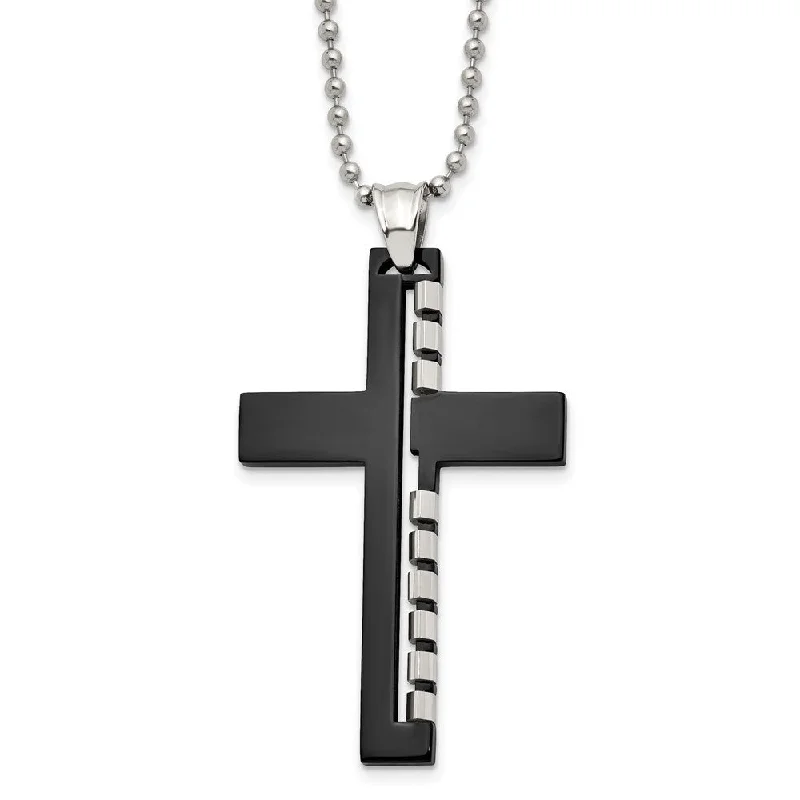 Men's Stainless Steel Black Plated LG Cut Out Cross Necklace, 22 Inch