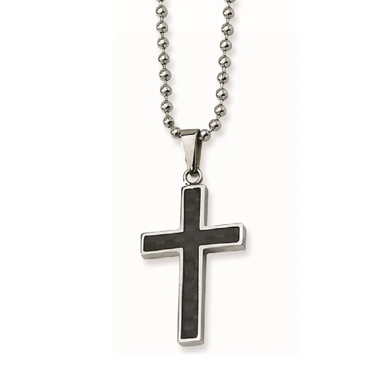 Tesselated chain necklace-Men's Stainless Steel & Blk Carbon Fiber Inlay Cross Necklace, 22 Inch