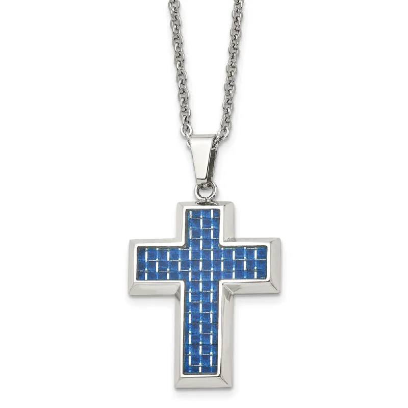 Ridge-set necklace-Men's Stainless Steel & Blue Carbon Fiber Inlay Cross Necklace, 22 In