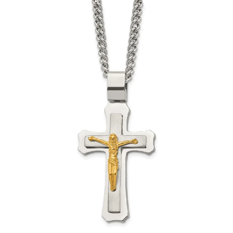 Fine-level necklace-Men's Stainless Steel & Gold Tone Large Crucifix Necklace, 24 Inch