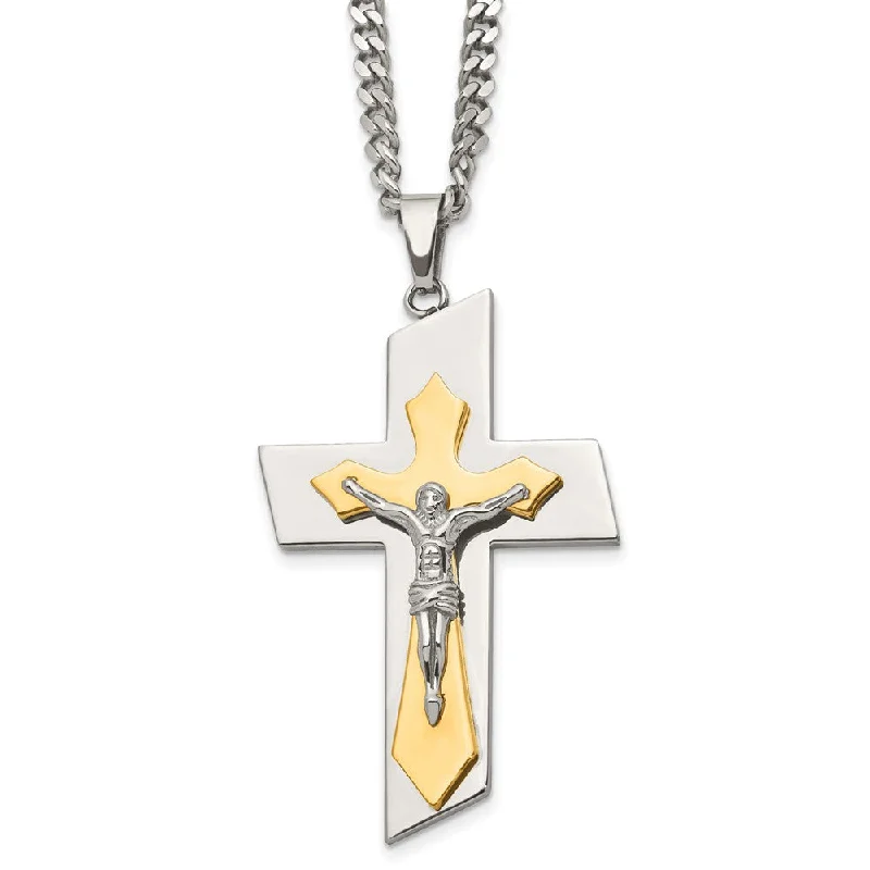 Crafted gold necklace-Men's Stainless Steel & Gold Tone Plated XL Crucifix Necklace, 24 Inch