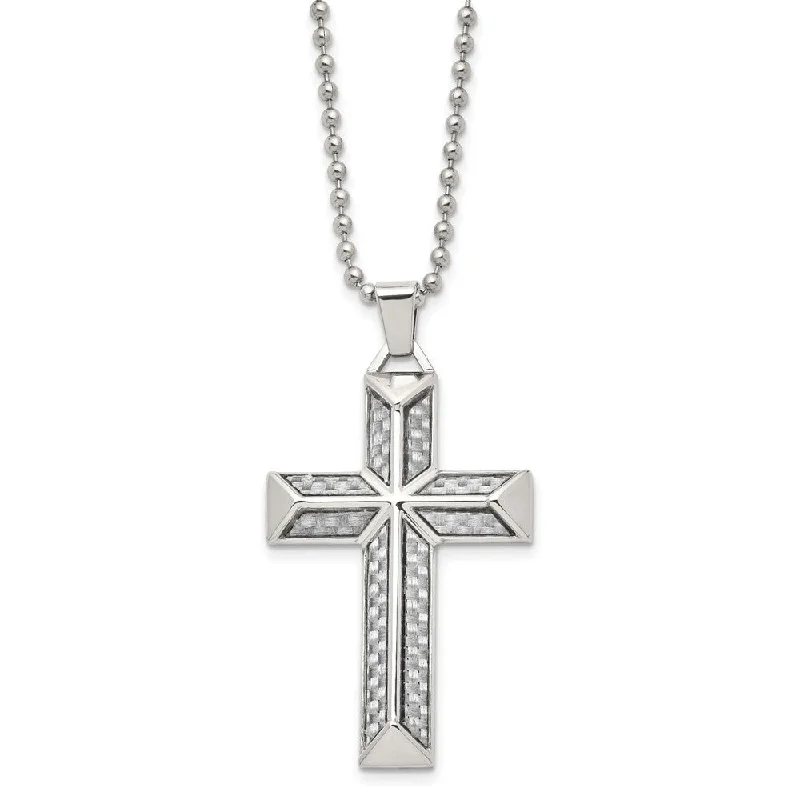 Vine-curl necklace-Mens Stainless Steel Gray Carbon Fiber Pyramid Cross Necklace, 24 Inch