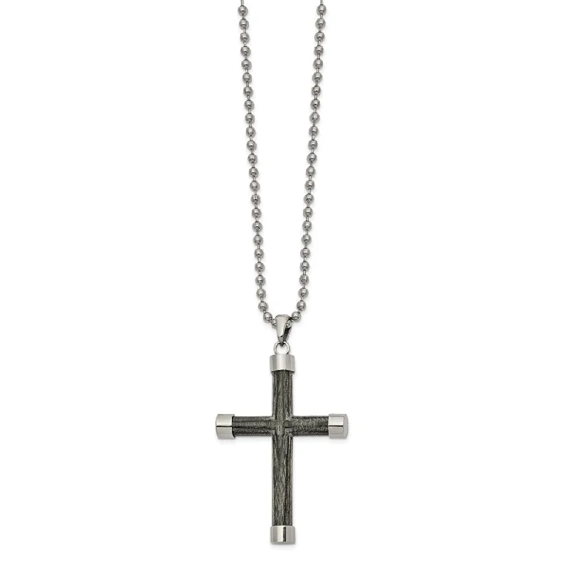 Men's Stainless Steel & Gray Wood 3D Cross Necklace, 24 Inch