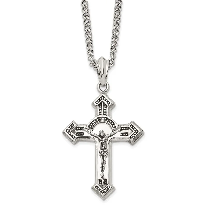 Summit gem necklace-Men's Stainless Steel Large Antiqued Crucifix Cross Necklace, 24 Inch