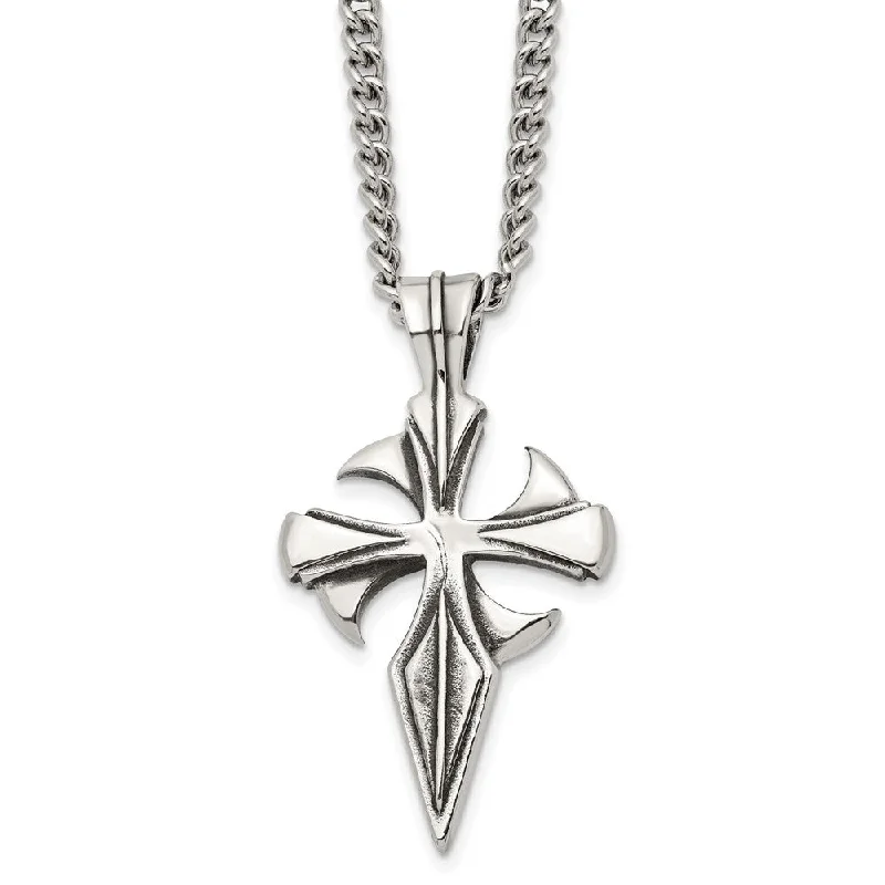 Men's Stainless Steel Large Antiqued Dagger Cross Necklace, 22 Inch