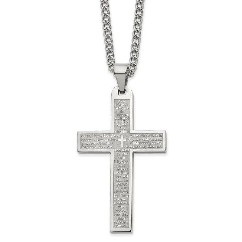 Broad-level necklace-Men's Stainless Steel Large Lord's Prayer Cross Necklace, 24 Inch