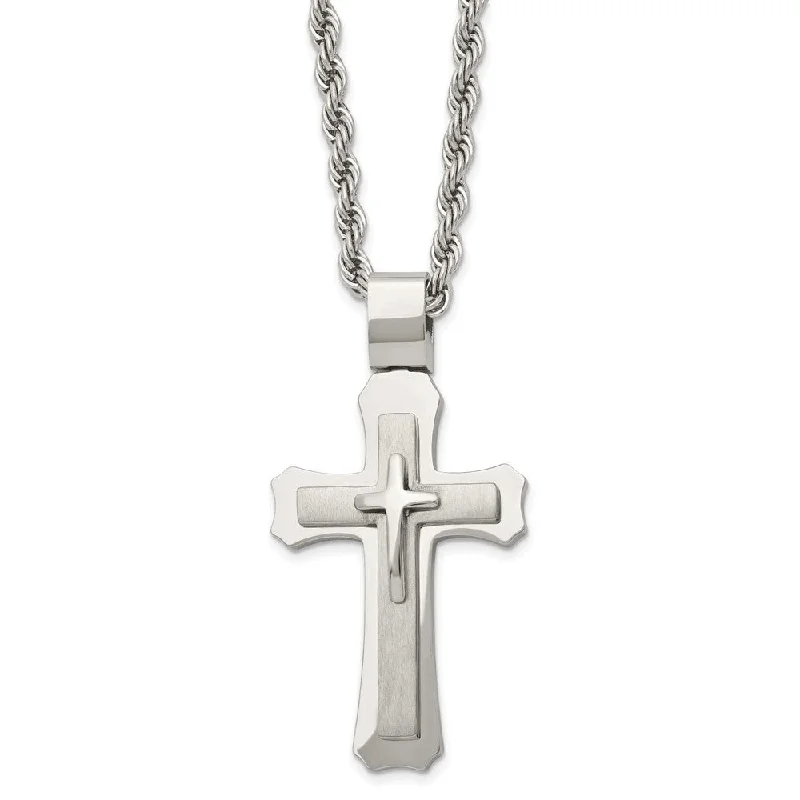 Men's Stainless Steel Large Triple Layer Cross Necklace, 24 Inch