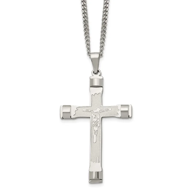 Layered tier necklace-Men's Stainless Steel LG Brushed & Polished Crucifix Necklace, 22 Inch