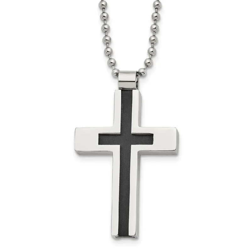 Nonagonal pendant necklace-Men's Stainless Steel Polished & Black Plated Cross Necklace, 22 Inch