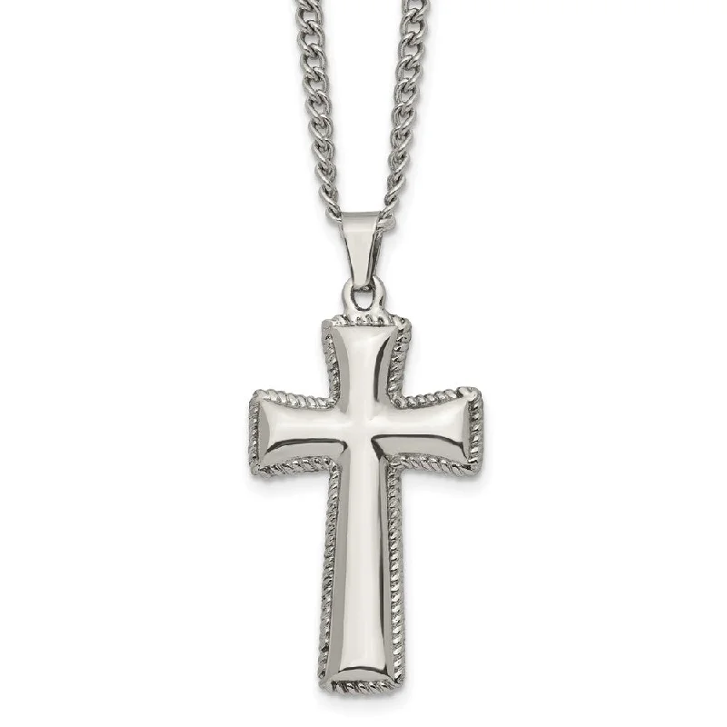 Radiant zircon necklace-Men's Stainless Steel Polished Pillow Cross Necklace, 24 Inch