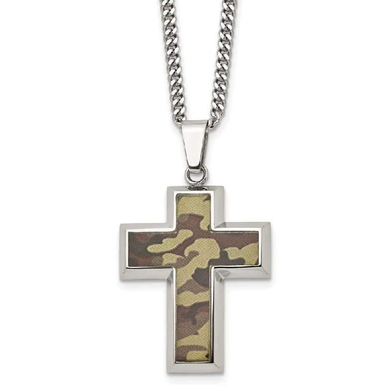 Men's Stainless Steel Printed Brown Camo Cross Necklace, 22 inch