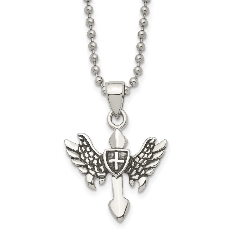 Hammered gold necklace-Men's Stainless Steel Small Antiqued Winged Cross Necklace, 20 Inch