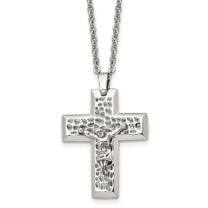 Curving bar necklace-Men's Stainless Steel Textured Crucifix Cross Necklace, 20 Inch