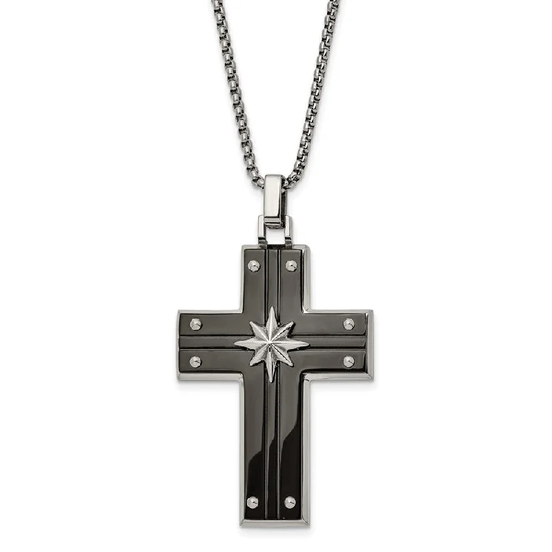 Lush emerald necklace-Men's Stainless Steel Two Tone Large Starburst Cross Necklace, 24 Inch