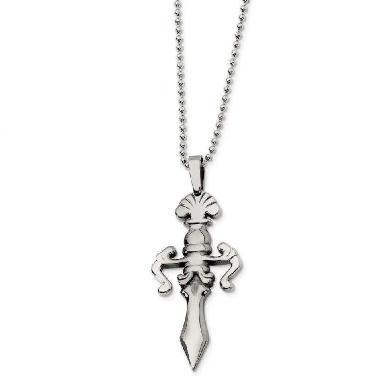 Men's Steel Fleur de lis Dagger Beaded Chain Necklace - 24 Inch