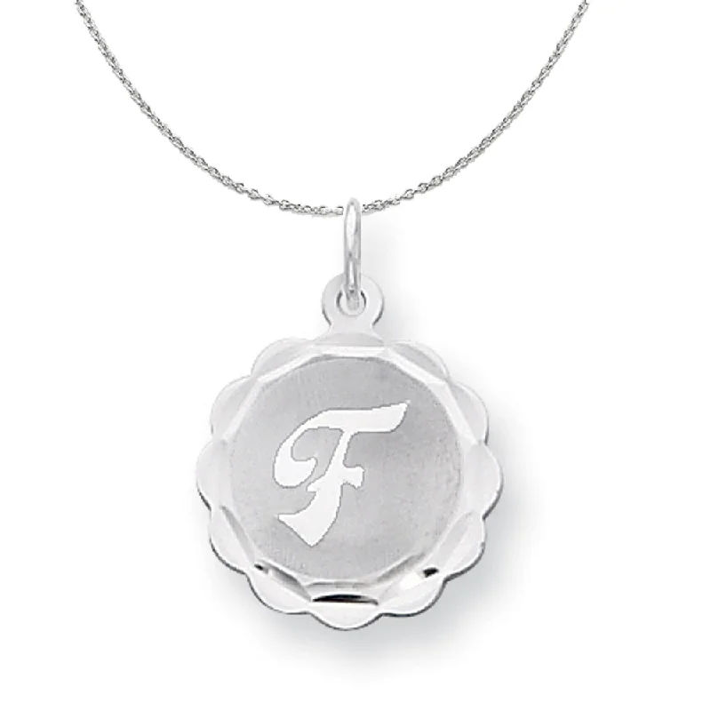 Silver, Sarah Collection 15mm Brocaded Disc Initial F Necklace