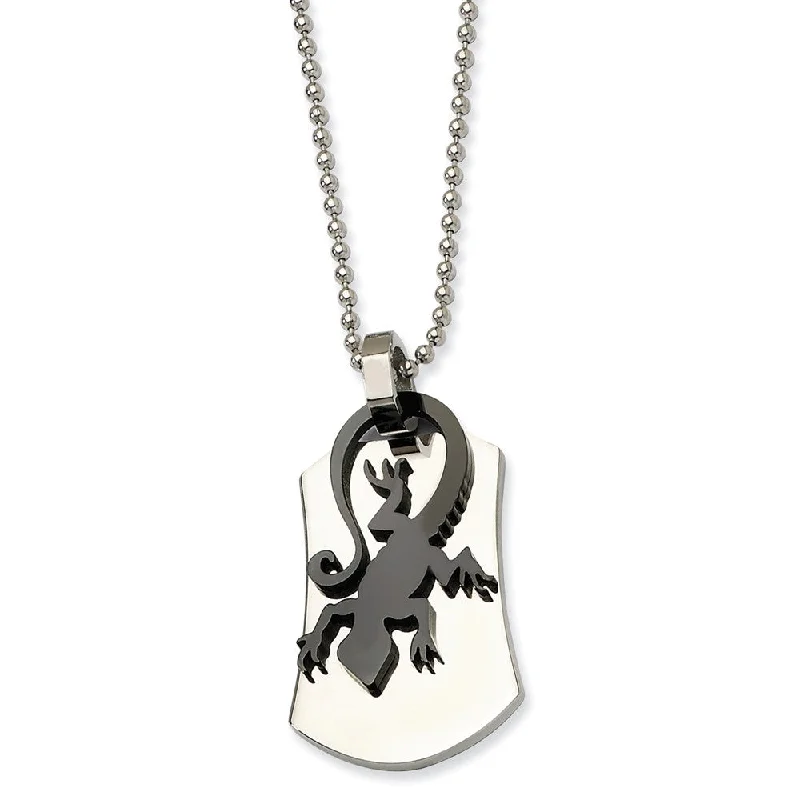 Stainless Steel and Black Lizard Necklace 24 Inch