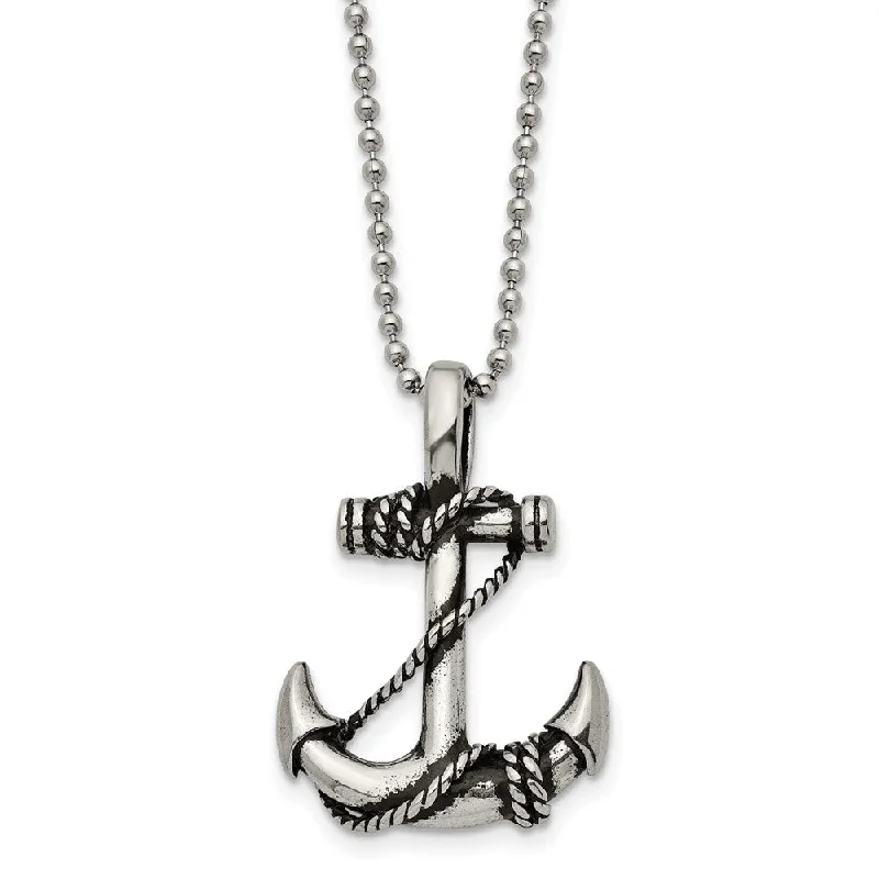 Peaked ridge necklace-Stainless Steel Antiqued 3D Anchor Necklace, 22 Inch