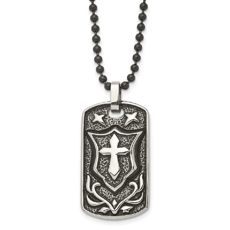 Tesselated chain necklace-Stainless Steel Antiqued Embossed Cross Shield Dog Tag Necklace, 24 In