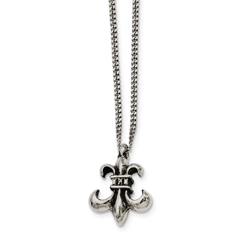 Floating diamond necklace-Stainless Steel Antiqued Fleur-de-lis Necklace - 18 Inch