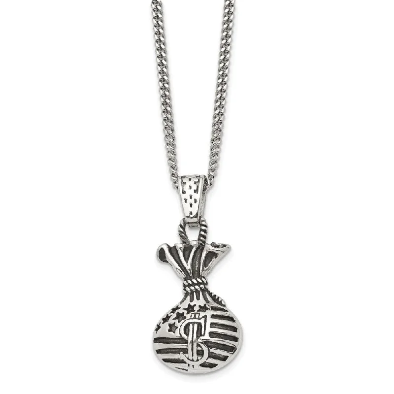 Looping wire necklace-Stainless Steel Antiqued Money Bag Necklace, 22 Inch