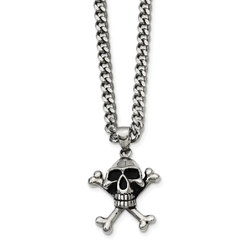 Prism crystal necklace-Stainless Steel Antiqued Skull and Crossbones Necklace 24 Inch