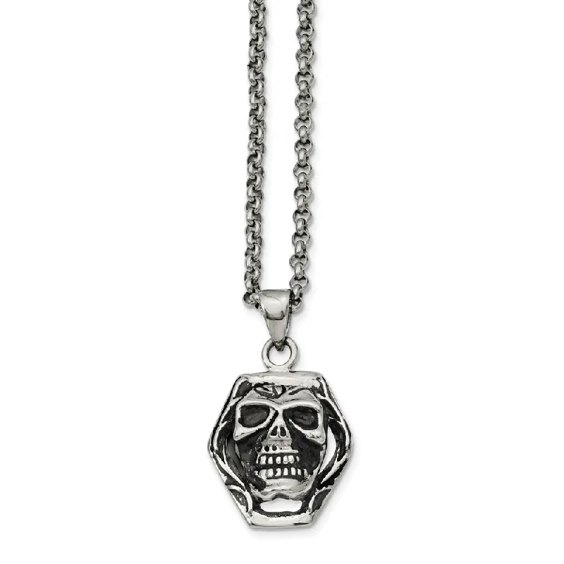 Pure pearl necklace-Stainless Steel Antiqued Skull Necklace 24 Inch