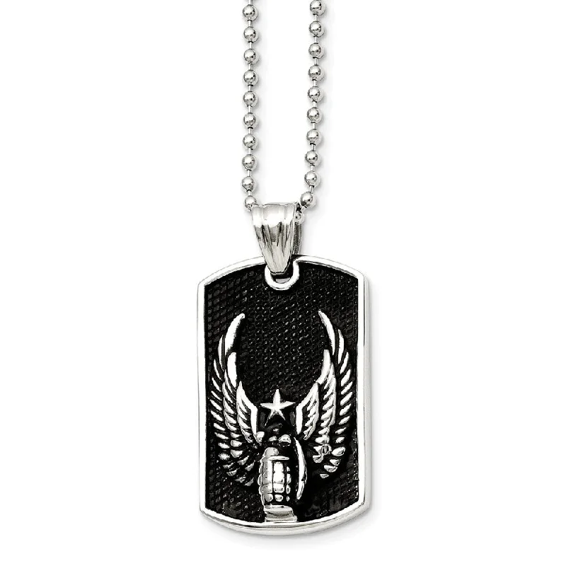 Deep obsidian necklace-Stainless Steel Antiqued Wings Dog Tag Necklace 22 Inch