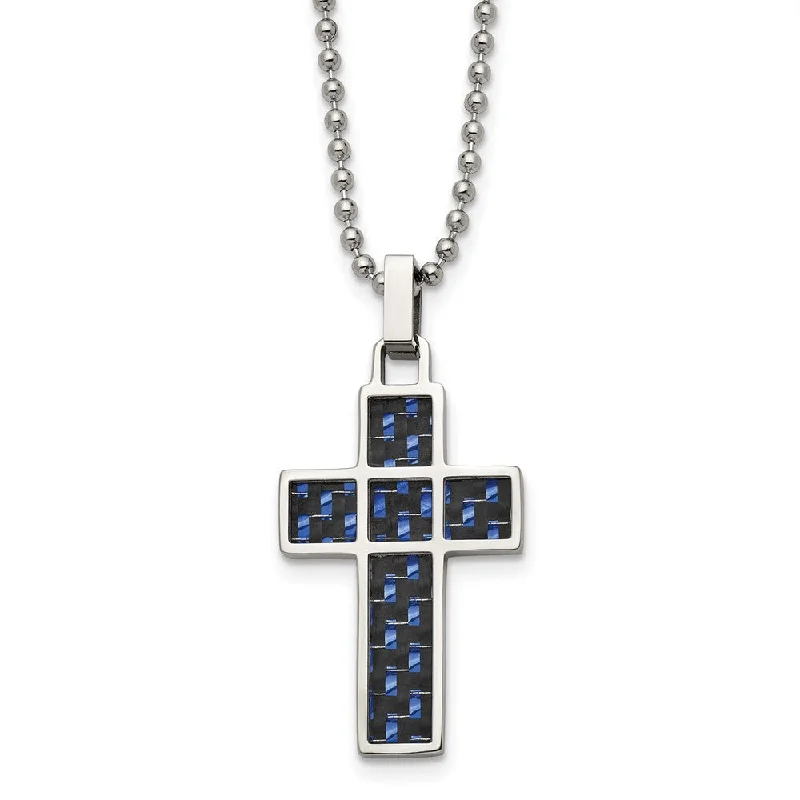 Stainless Steel, Black & Blue Carbon Fiber Cross Necklace, 20 Inch