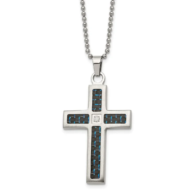 Gentle wave necklace-Stainless Steel, Black/Blue Carbon Fiber & CZ Cross Necklace, 22 Inch