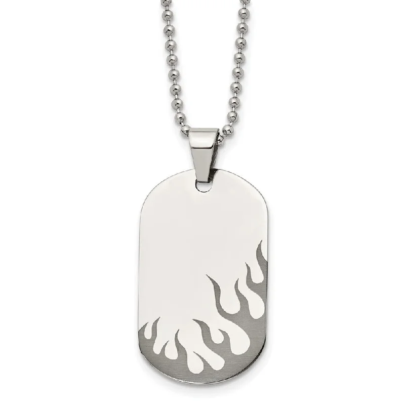 Stainless Steel & Black Plated Flames Dog Tag Necklace, 24 Inch