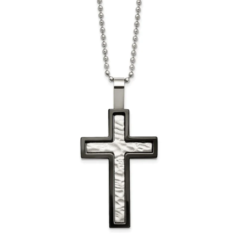 Polished steel necklace-Stainless Steel & Black Plated Hammered Bordered Cross Necklace, 24 In