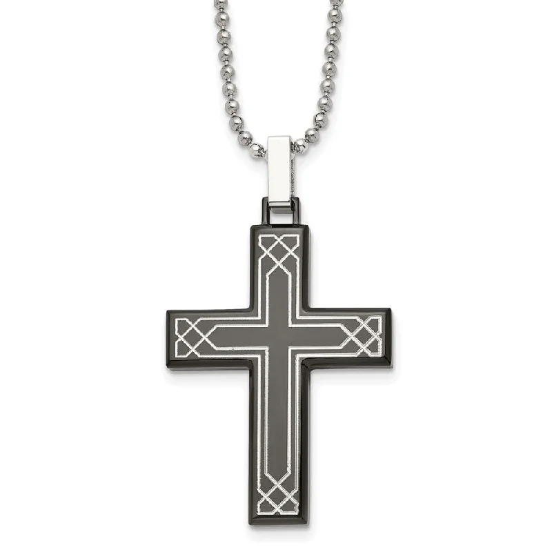 Dewdrop gem necklace-Stainless Steel, Black Plated & Laser Etched Cross Necklace, 24 Inch