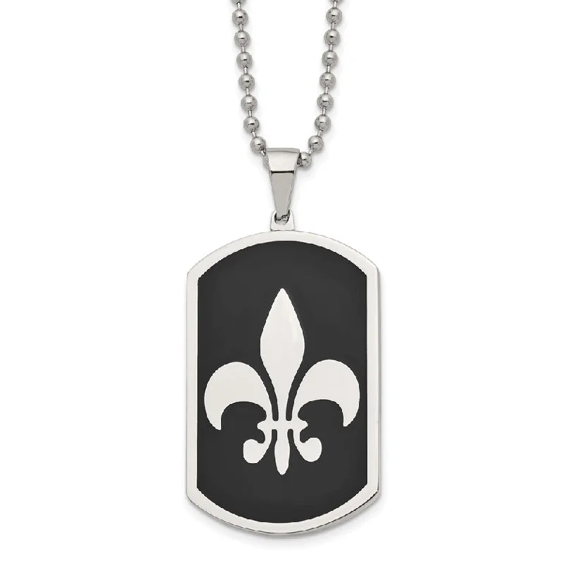 Wire-curve necklace-Stainless Steel & Black Plated LG Fleur de lis Dog Tag Necklace, 24 In