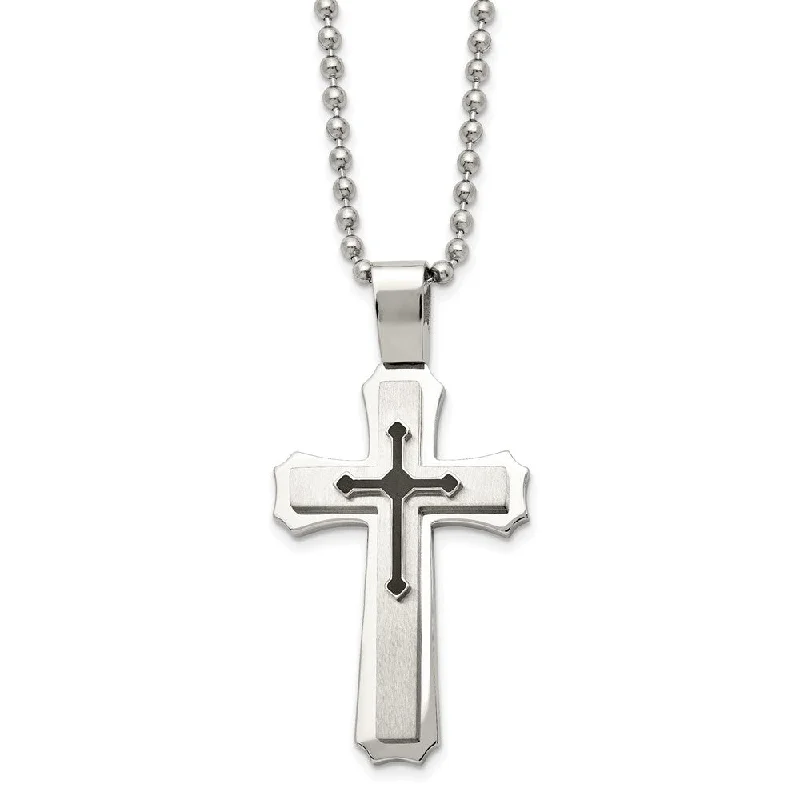 Faint silver necklace-Stainless Steel & Black Rubber Triple Cross Necklace, 24 Inch