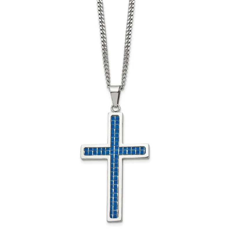 Icy aquamarine necklace-Stainless Steel & Blue Carbon Fiber Large Cross Necklace, 22 Inch