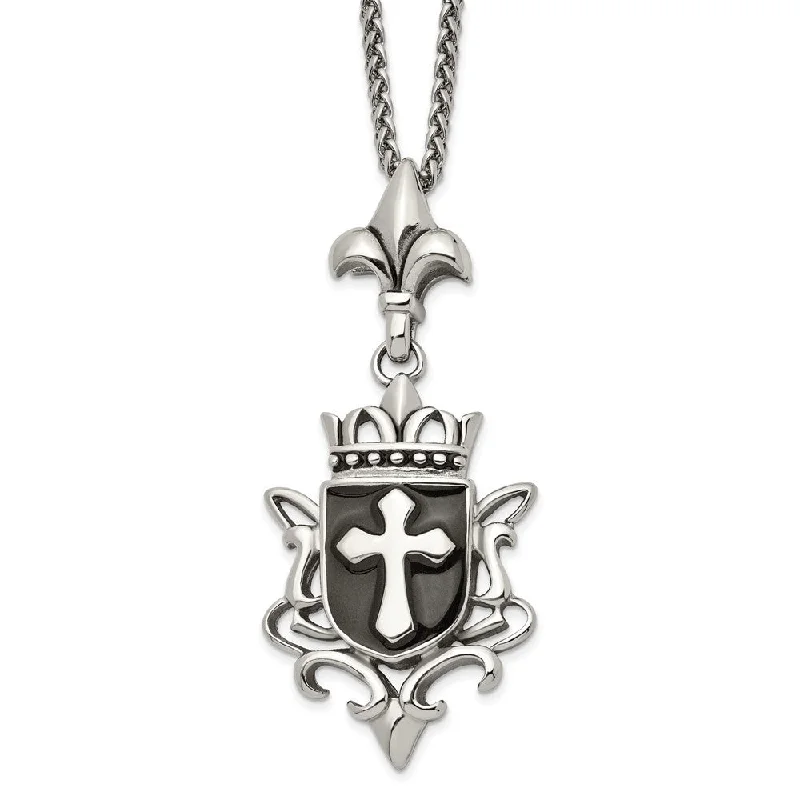 Ridge-set necklace-Stainless Steel, Enamel & Antiqued XL Shield Cross Necklace, 22 Inch