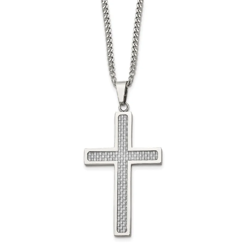 Stout link necklace-Stainless Steel & Gray Carbon Fiber Large Cross Necklace, 20 Inch