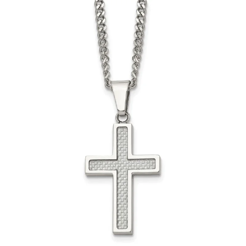 Glowing iolite necklace-Stainless Steel & Gray Carbon Fiber Small Cross Necklace, 20 Inch