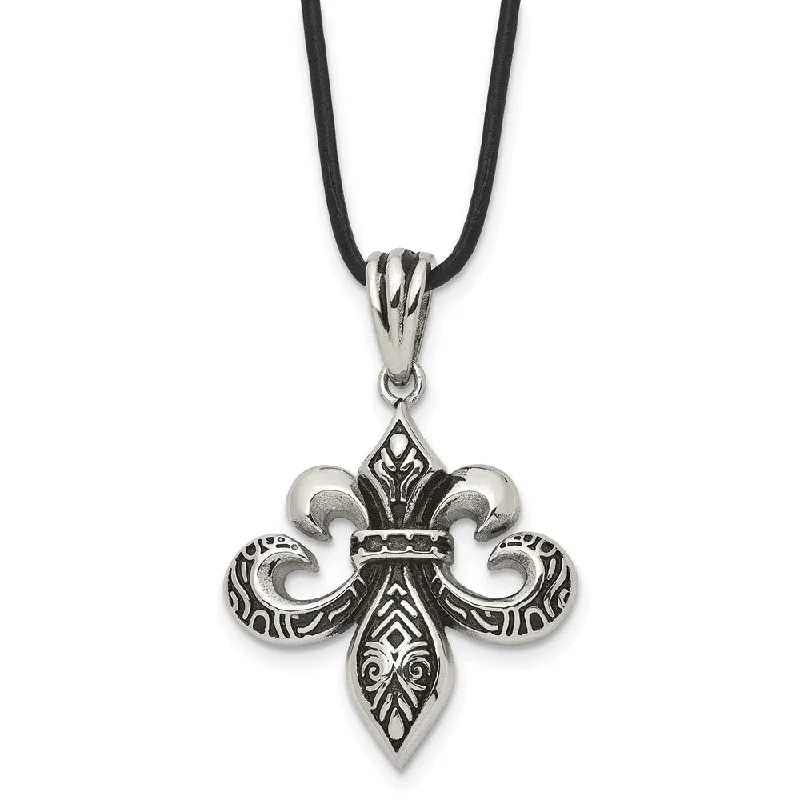 Stout link necklace-Stainless Steel & Leather Cord Antiqued Fleur de lis Necklace, 20 Inch