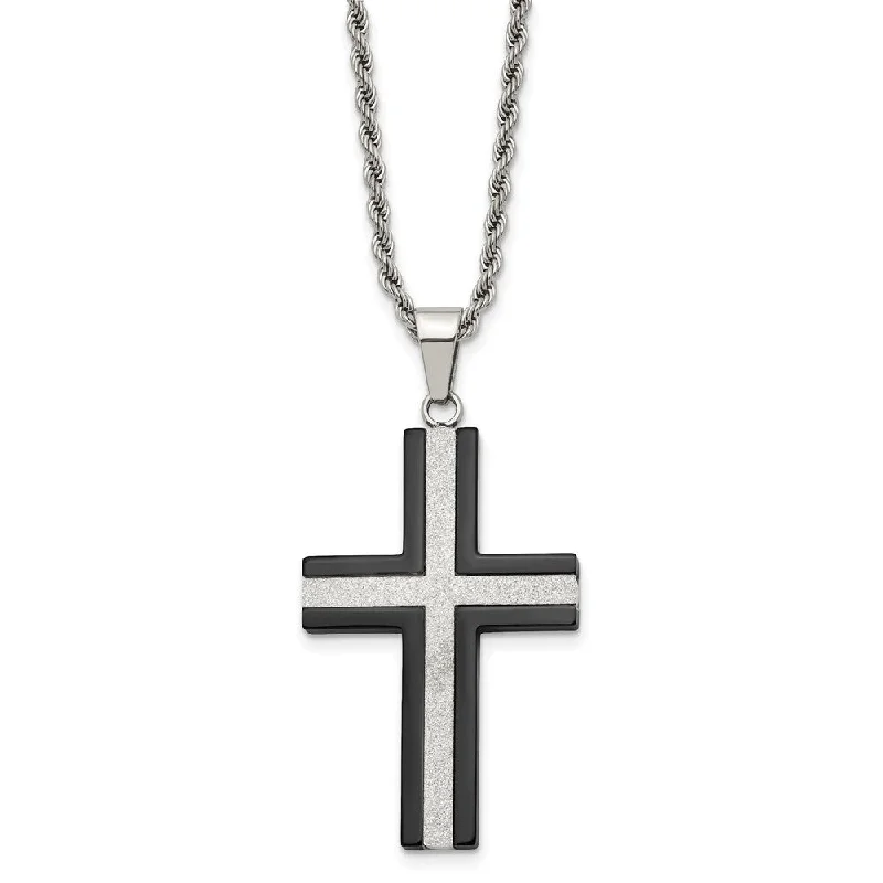 Pure stone necklace-Stainless Steel Polished Black Plated & Laser Cut Cross Necklace, 24in