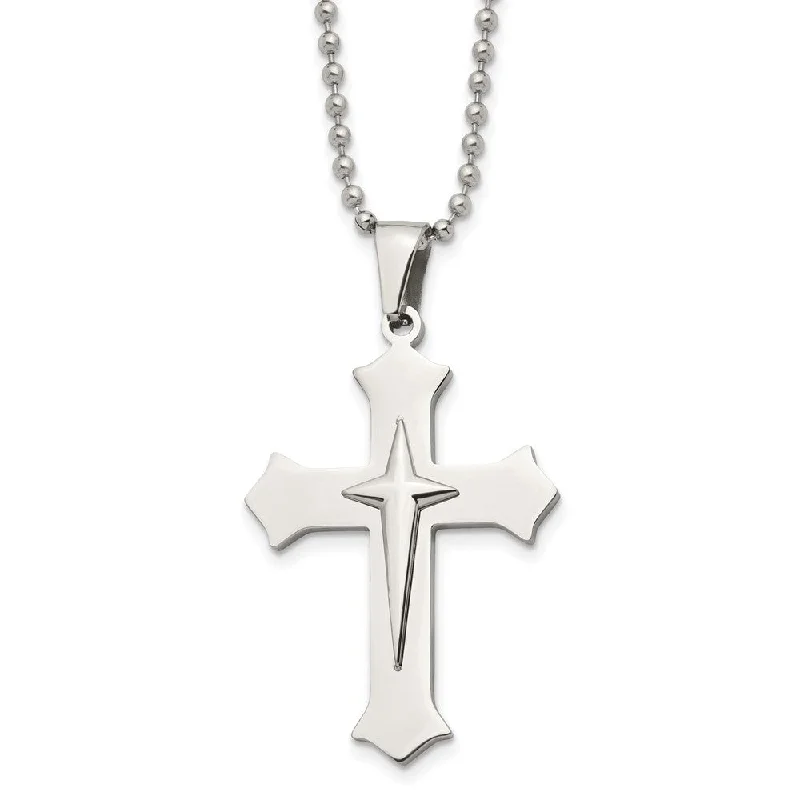 Brushed steel necklace-Stainless Steel Polished Double Cross Necklace, 24 Inch