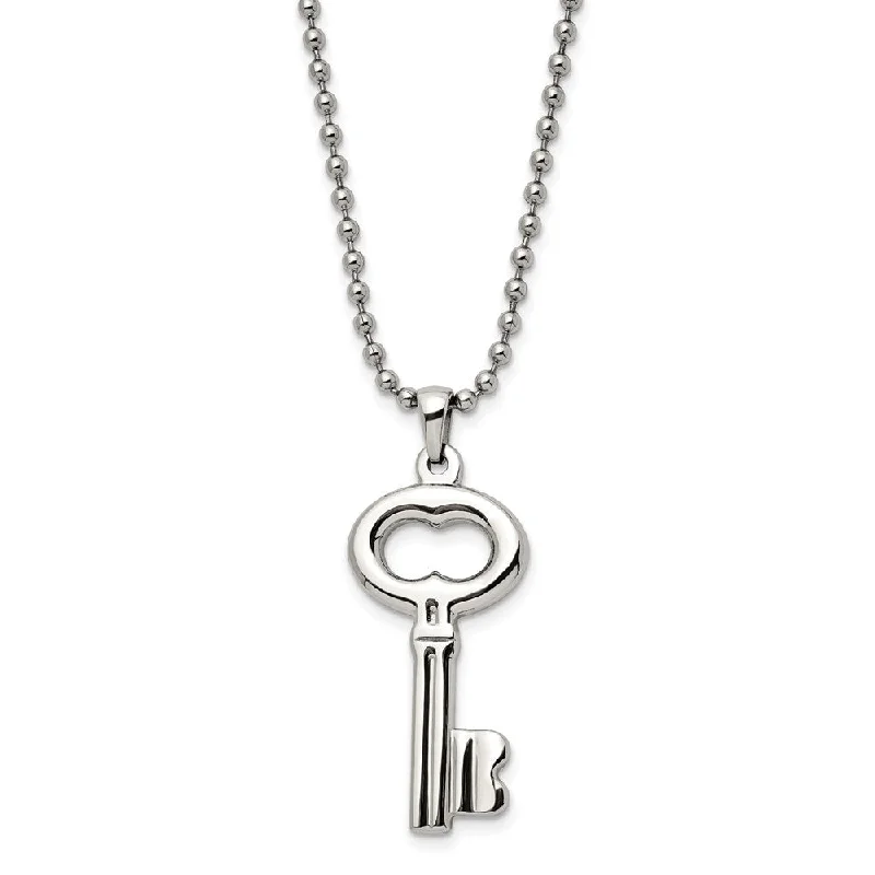 Stainless Steel Polished Key Pendant Necklace, 24 Inch