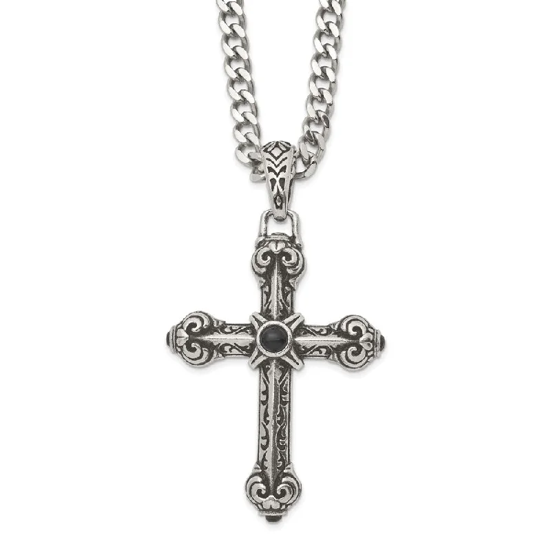 Stainless Steel Synthetic Black Agate XXL Antique Cross Necklace 24 In