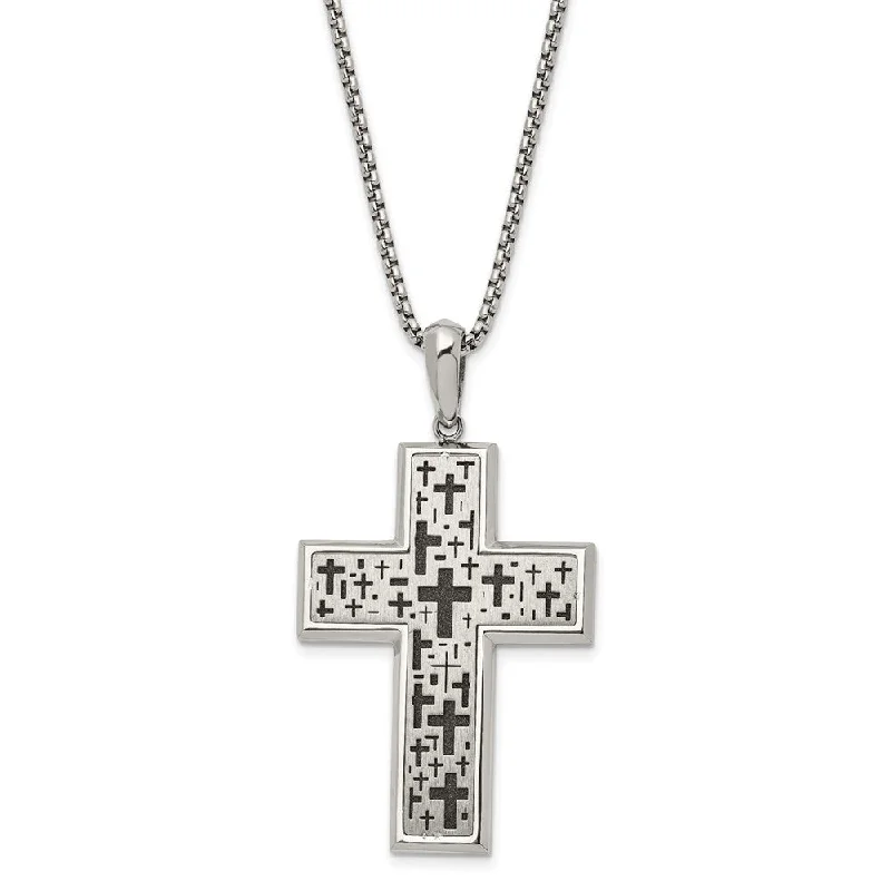 Glowing minimalist necklace-Stainless Steel Two Tone Brushed & Laser Cut Cross Necklace, 24 In