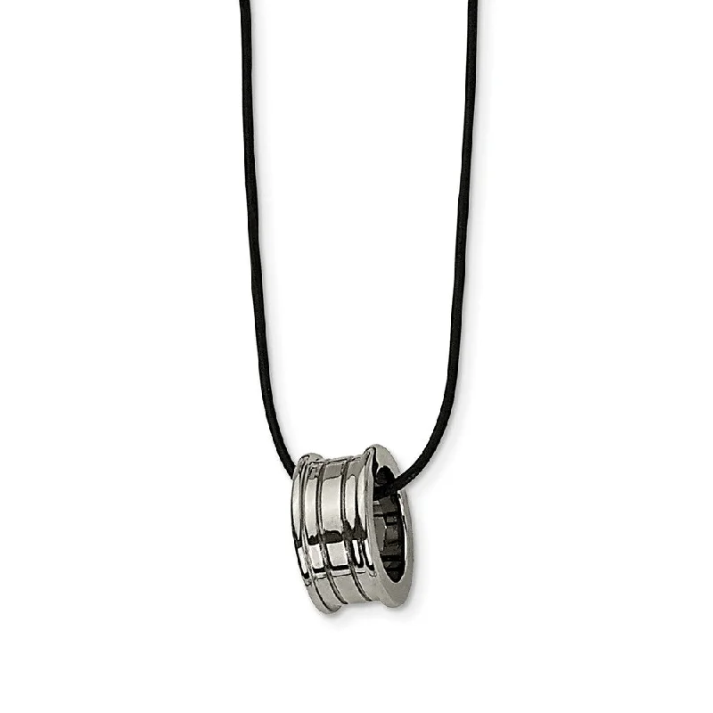 Stippled chain necklace-Tungsten Barrel and Black Leather Cord Necklace 18 Inch